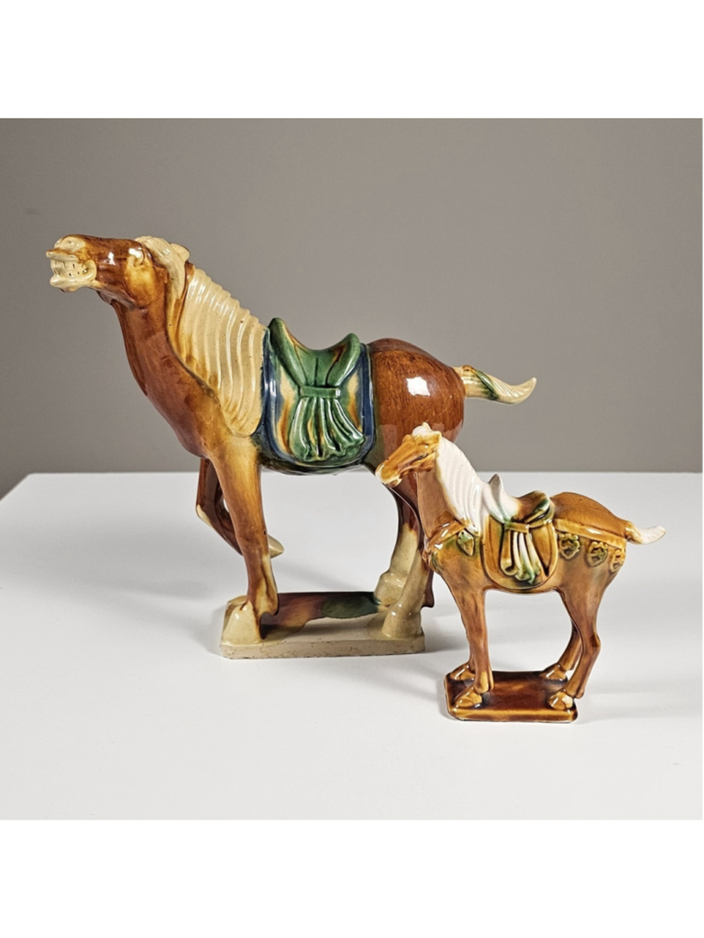 Vintage Pair of Tang Dynasty Style Sancai Glazed Ceramic Horses - Set of 2